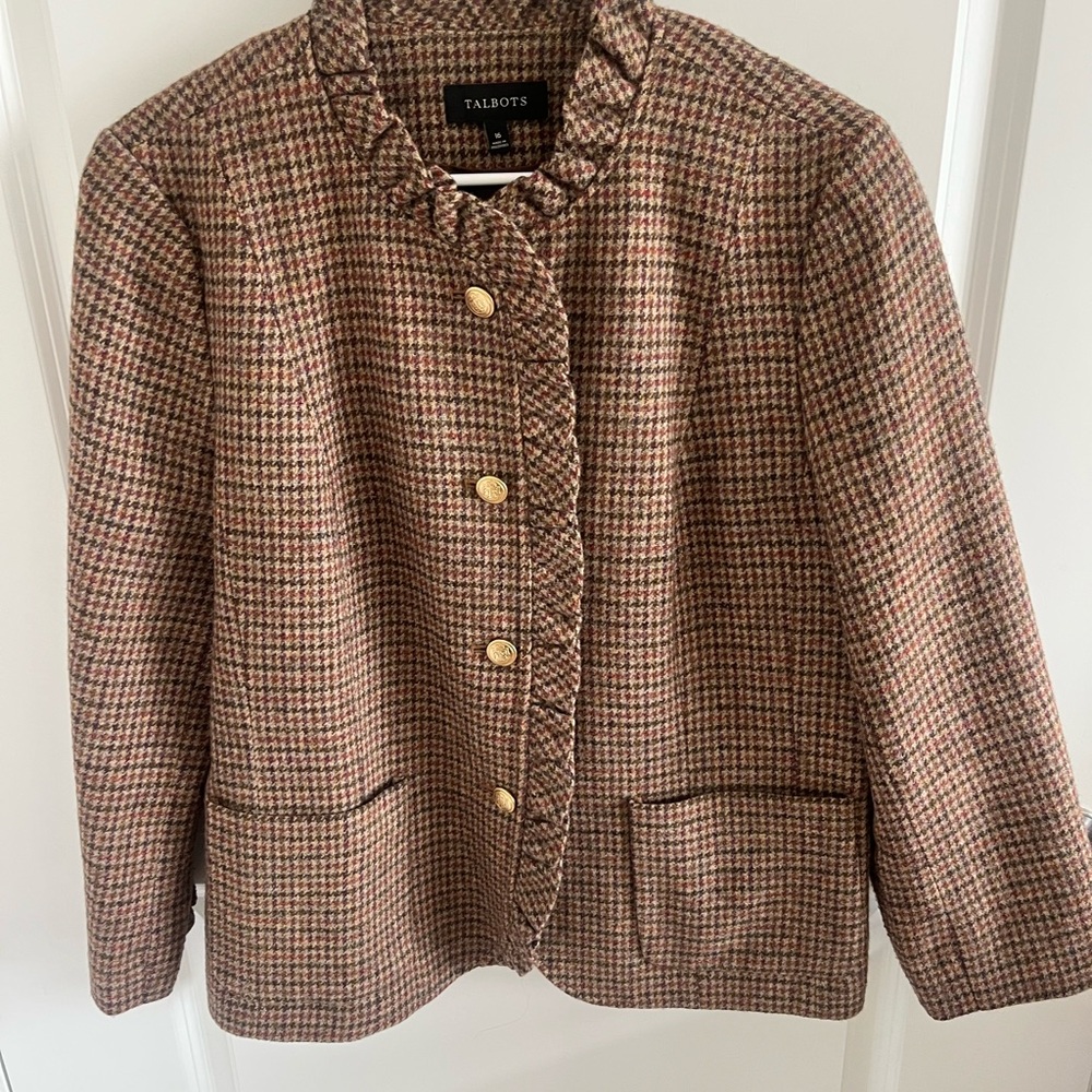 PRICE DROP $20 Talbots Brown Houndstooth Tweed Braided-Trim Jacket